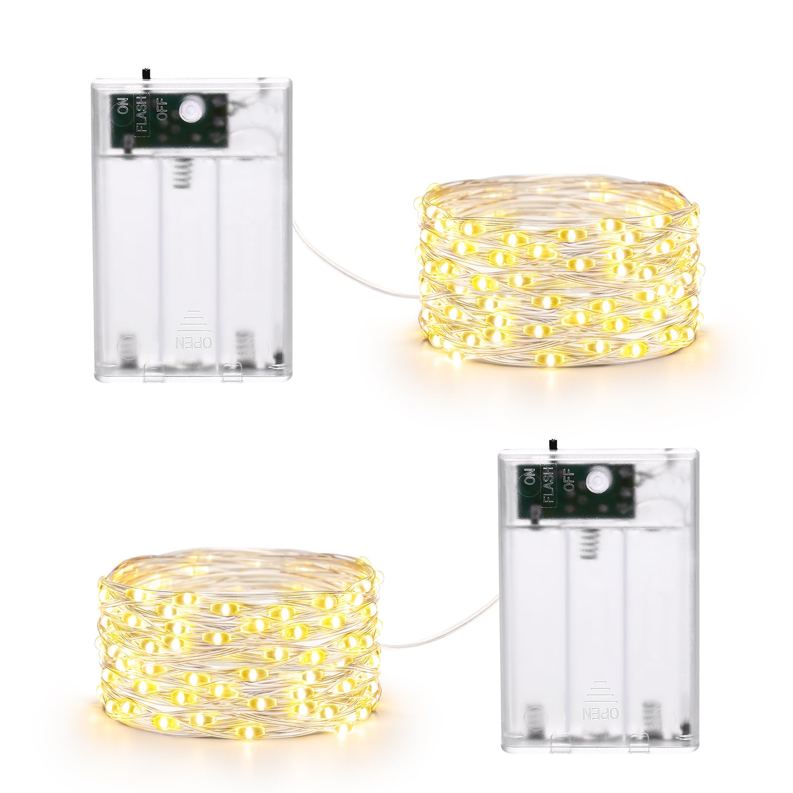Qedertek 2 Pezzi Luci Led a Batteria 5M 50 LED, Luci Natale Esterno, 2 Modalità, Filo di d'argento, Catena Luminosa Lucine Fata Decorative per Albero di Natale, Porta, Matrimonio, Bar (Bianco Caldo)