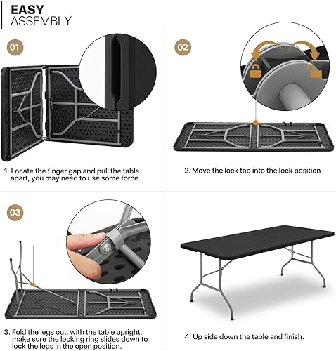 Vista 48 de MoNiBloom Mesa plegable de 6 pies, mesas de comedor de plástico portátiles resistentes plegables por la mitad, escritorio para interiores y Negro