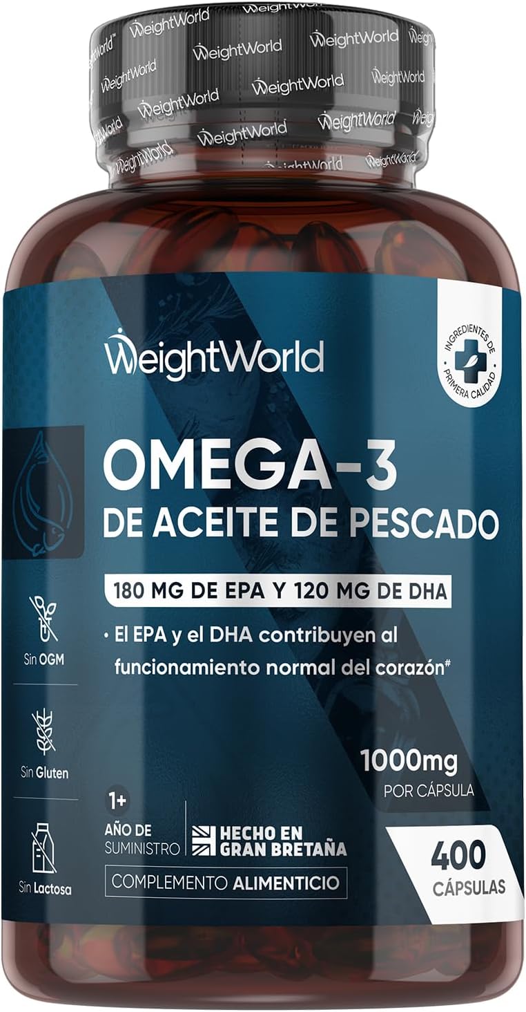 Omega 3 DHA y EPA 1000mg de Concentración 400 Cápsulas Blandas para Más de 1 Año - 180mg EPA + 120mg DHA, Contribuye al Funcionamiento Normal del Corazón (EFSA), Sin OGM ni Gluten