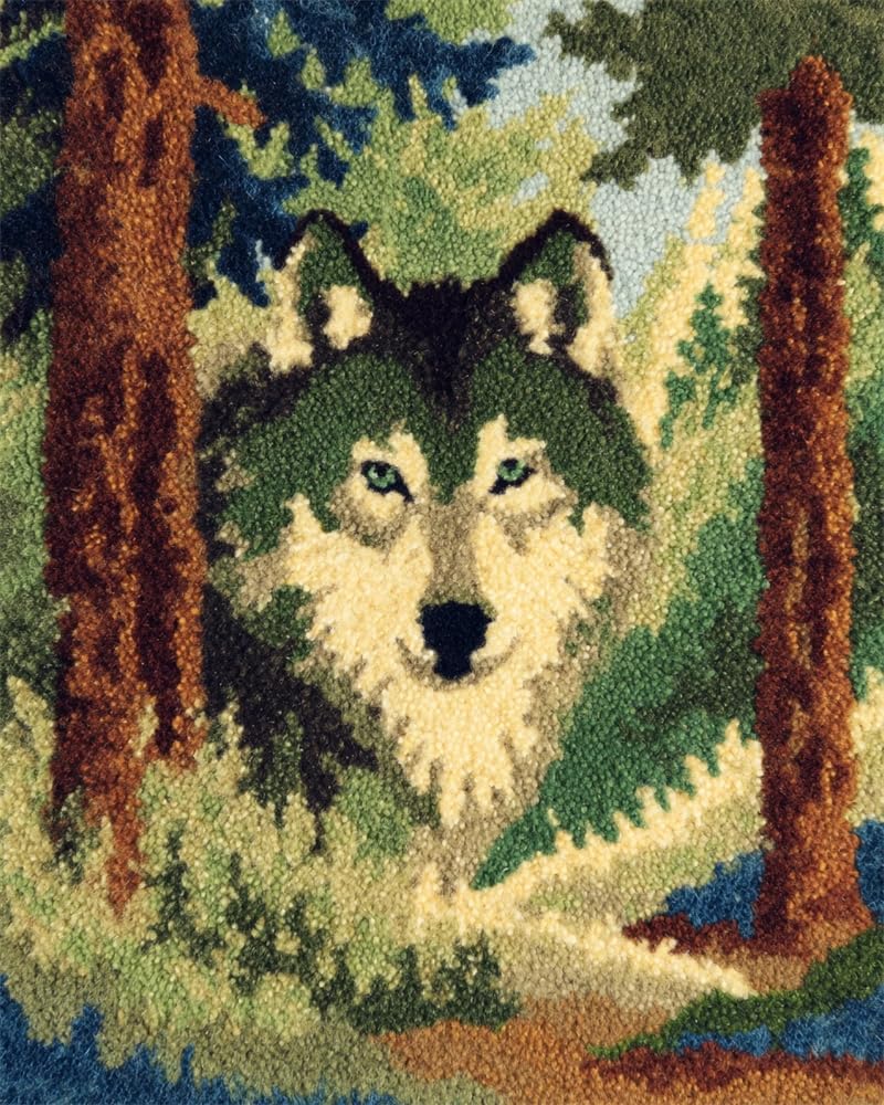 FWRTYCB Latch Hook Kits Rug Making Crafts with Colorful Pattern Printed,Wolf in The Jungle 20X15Inch Large Latch Hook Rug Kit Tapestry Rug Making Kits DIY Crafts Unfinished Handmade Crochet Yarn for