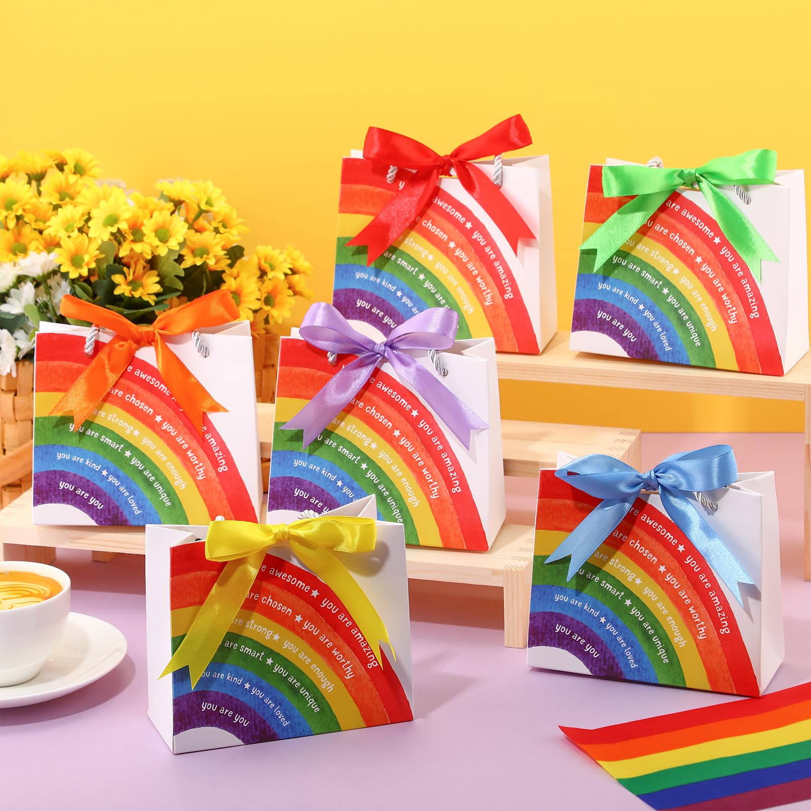 Kolldenn 18 Pack End of School Year Gift Bags for Students Rainbow Goodie Bags with Handles Ribbon Rainbow Inspiration Last Day of School Party Favors for Classroom from Teacher