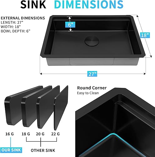 Miniatura 186 de Fregadero de cocina negro de 33 pulgadas, fregadero de acero inoxidable calibre 16, fregadero de estación de trabajo de un solo tazón con reborde