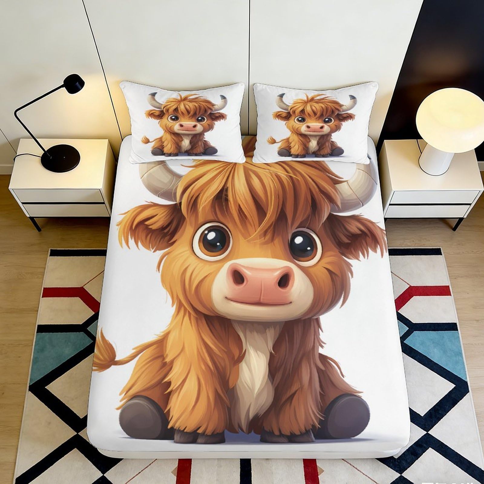 3D Printed Highland Cow Fitted Sheet Microfiber Brown Cartoon Animal Mattress Cover for Bedroom Dorm Decorative 120x200x25cm