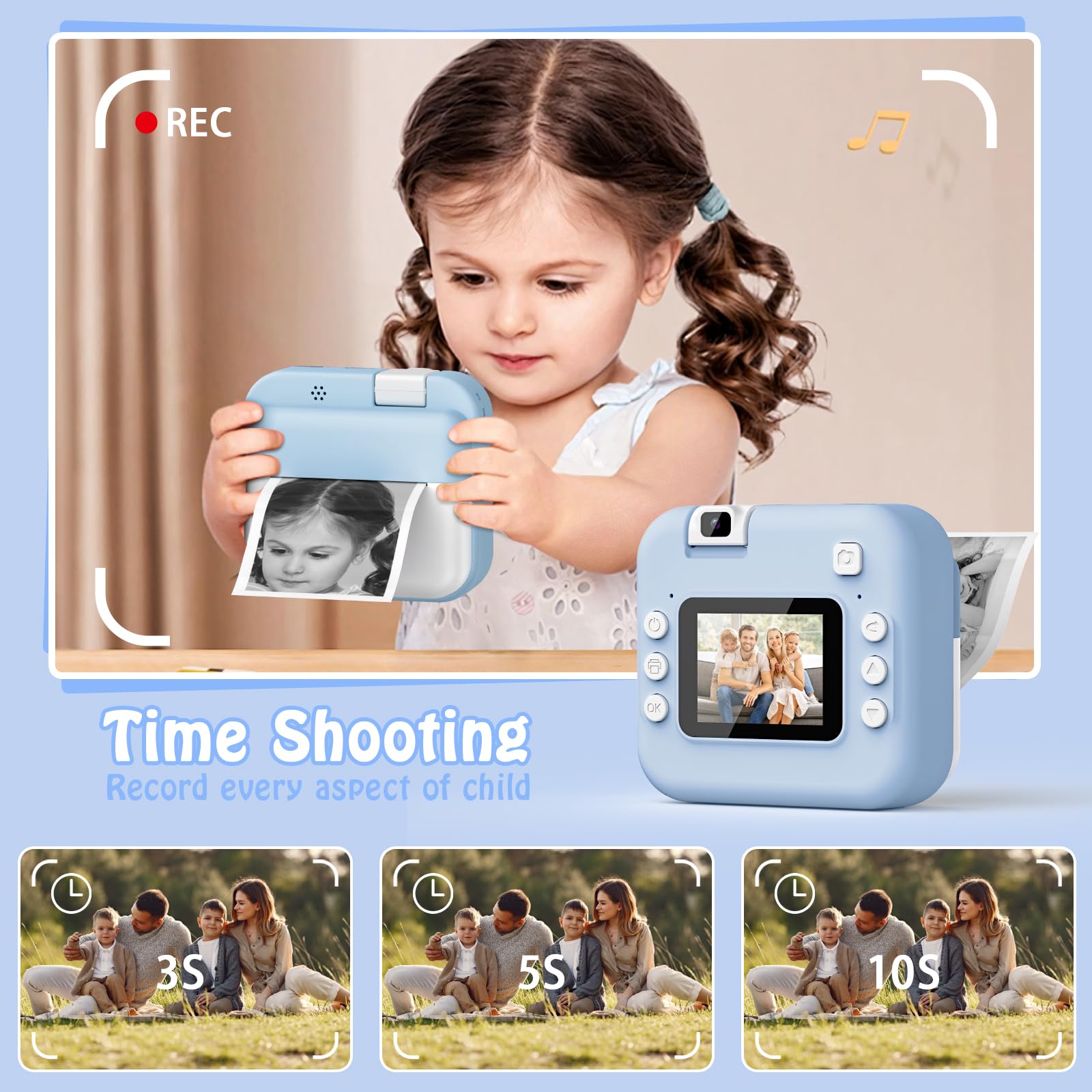 Cámara de Fotos Instantánea, Pantalla HD de 2.0 Pulgadas y 48 MP | 1080P cámara de Fotos Infantil, Tarjeta de 32 GB y 3 Rollos de Papel de Impresión, Ideal para Niños de 3 a 12 Años