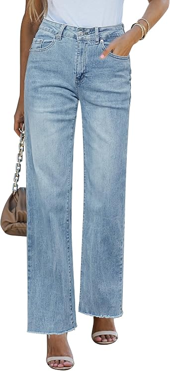 Roskiky Baggy Jeans Straight Leg Jeans Women High Waisted Stretchy Frayed Raw Hem Loose Denim Pants Mom Jeans