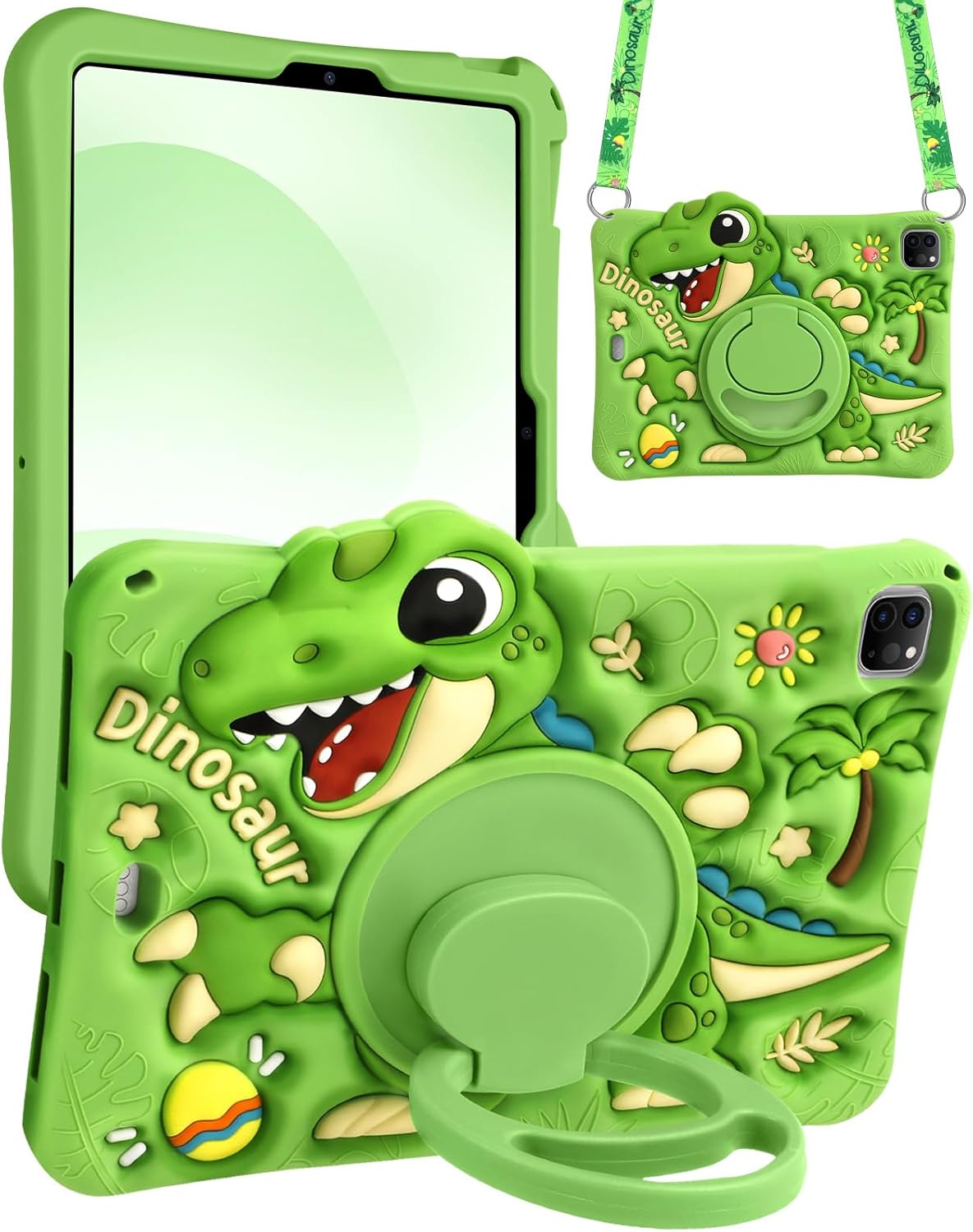 Boaretiu for iPad Air M4/M3/M2 11"/Air 4th/Air 5th Gen/for iPad Pro 11"(1/2/3/4) Case - Cute Cartoon Silicone Cover with Adjustable Shoulder Strap & Rotating Stand for Kids Boys Girls, Green Dinosaur