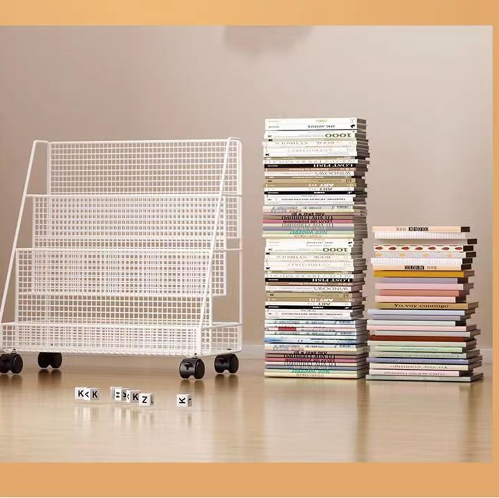 Carro para libros Carro para libros con ruedas Carro utilitario con ruedas de metal de 4 niveles Carro para archivos con ruedas para trabajo pesado Blanco para oficina, hogar, escuela, aula,