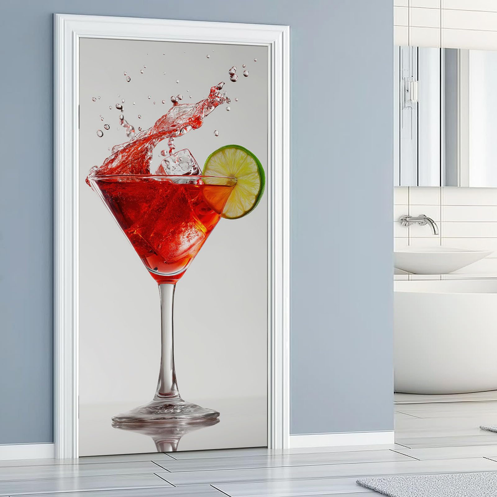 Papel pintado autoadhesivo para puerta minimalista 3D, póster para puerta, adhesivo para puerta, patrón de copa de vino, resistente al agua, lámina de vinilo para puerta, gris claro, póster extraíble