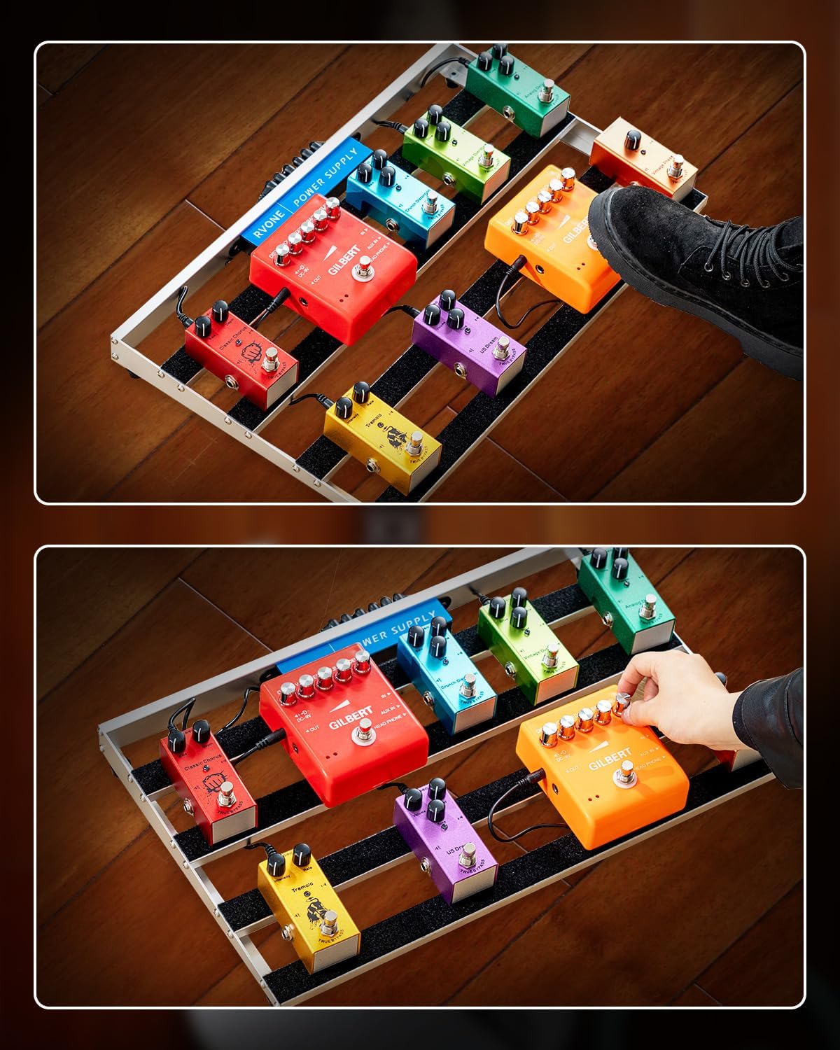 RVONE Guitar Pedal Board with Built-in Power Supply, Large 19.09x12.16" Aluminum Alloy Portable Pedalboard with Bag, Pedal Cables, Hook&Loop RBP-350