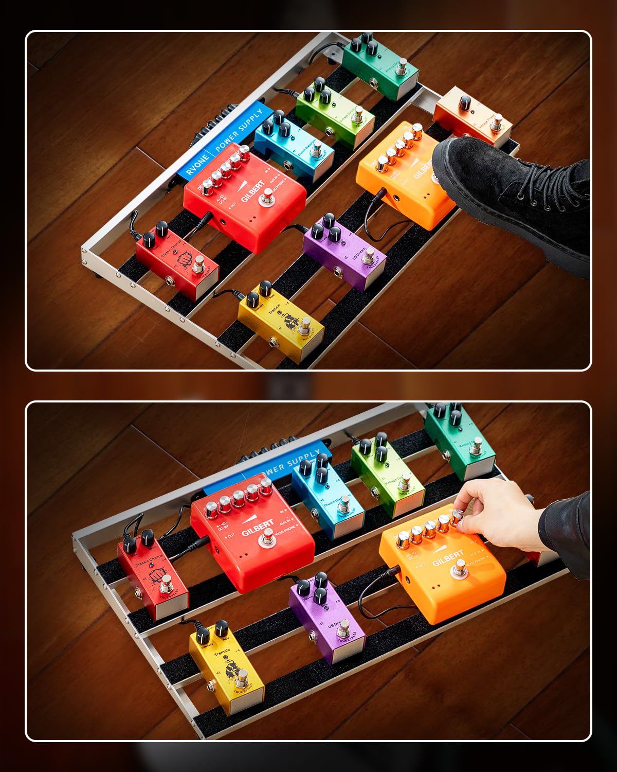 RVONE Gitarren-Pedalboard mit integriertem Netzteil, Aluminiumlegierung, tragbares Pedalboard mit Tasche, Pedalkabel, Klettverschluss (RPB-350)