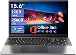 Ordinateur portable AI de 15,6 po avec Office 365 12 Go RAM 256 Go SSD (Gris) | Pliable à 180°, Batterie 7000mAh, Ordinateur portable Celeron Quad-core Win 11 Home Office 365