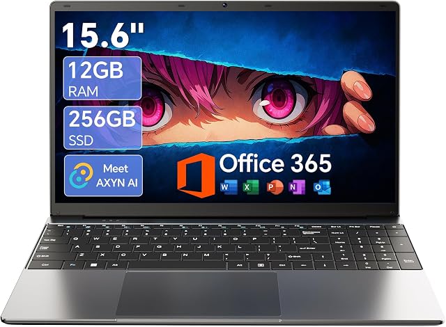 Ordinateur portable AI de 15,6 po avec Office 365 12 Go RAM 256 Go SSD (Gris) | Pliable à 180°, Batterie 7000mAh, Ordinateur portable Celeron Quad-core Win 11 Home Office 365