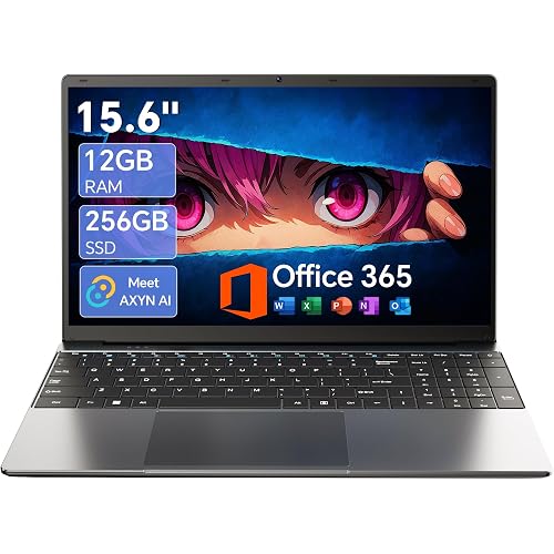 15.6 Inch Laptop with Office 365, 12GB RAM 256GB SSD, Quad-Core Processor, Win 11 Home Laptops Computer, IPS FHD, 180°Viewing, Type-C, WiFi 5, BT4.2, Portable Thin Business Student Laptops