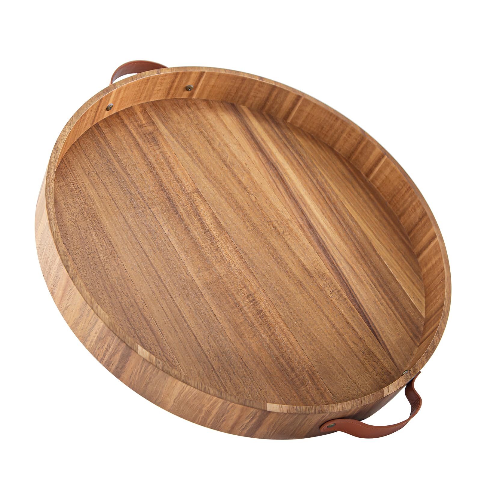 Bandeja otomana con asas, bandeja grande redonda de 20 pulgadas para servir de madera otomana, bandejas decorativas para sala de estar, bandejas de madera para mesa de café, cena, desayuno, aperitivos