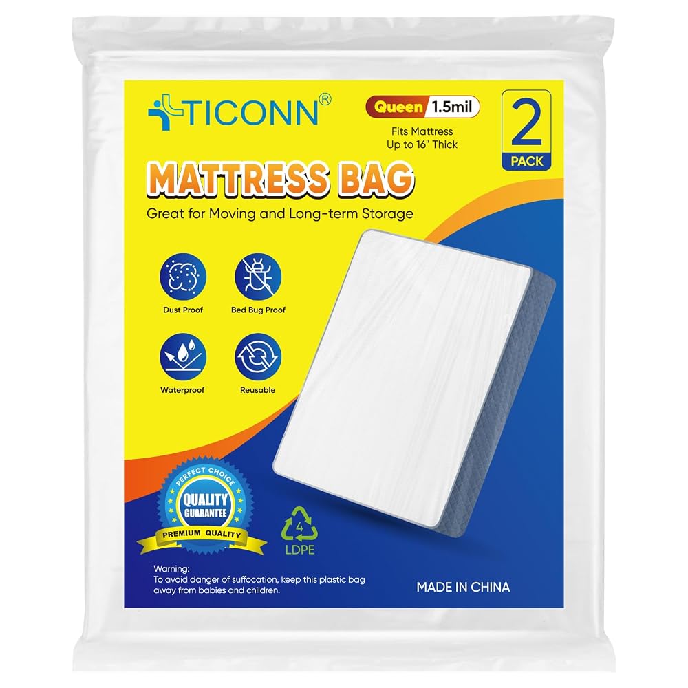 TICONN 2PK Plastic Mattress Bag for Moving Storage, Waterproof Mattress