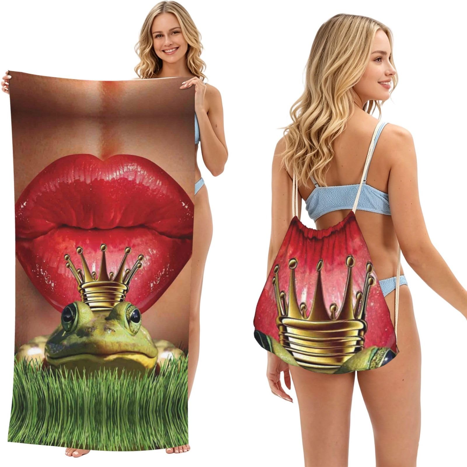 Serviette de plage serviette avec sac à cordon motif Red Lips pour adulte, 180x60 cm