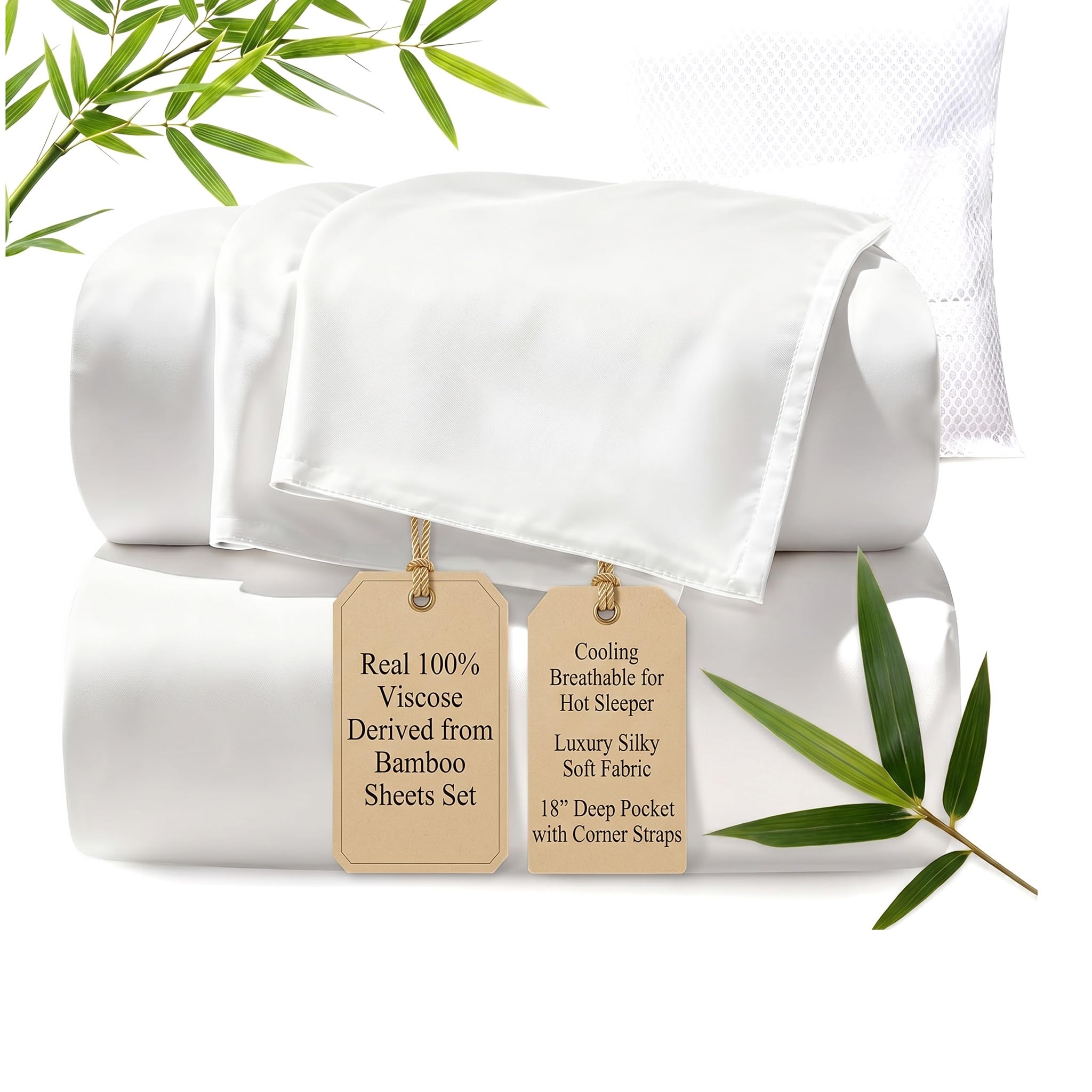 TWK Real 100% Viscose Derived from Bamboo Sheets Set King Size, Cooling & Silky Soft for Hot Sleeper, Breathable & Moisture Wicking Fabric, 18" Deep Pocket with Corner Straps (White, King)