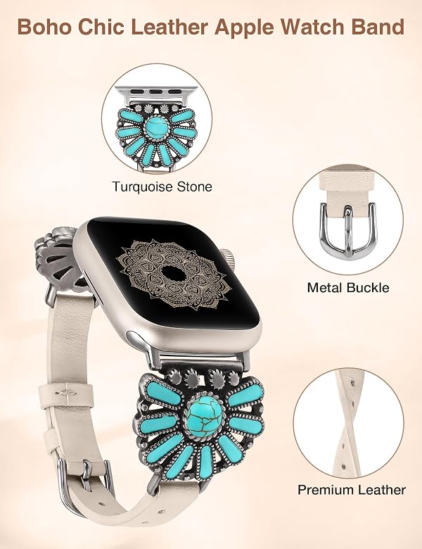 W-RARA Leather Band Compatible with Apple Watch Band Women 38/40/41/42/44/45/46/49mm, Boho Western Vintage Turquoise Ethnic Antique Style Strap for iWatch Series Ultra 3 SE 11 10 9 8 7 6 5 4 3 2 1 by W-RARA - Used condition - Image 3
