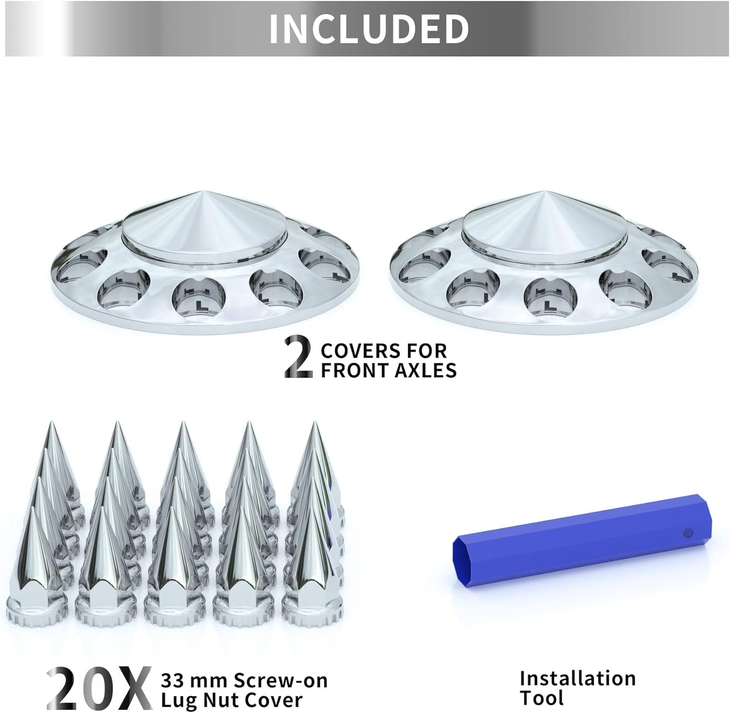 Front Axle Wheel Cover for Semi Truck Chrome ABS Plastic with 2 Front Axle Wheel Covers Hubcap 33mm Screw-On Spiked Lug Nut Covers…