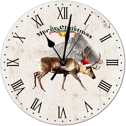 Vintage Rustic Chic Round Wood Wall Clocks Merry Christmas Animal Moose Wooden Roman Numerals Clock Battery Operated Silent Non-Ticking Large Clocks