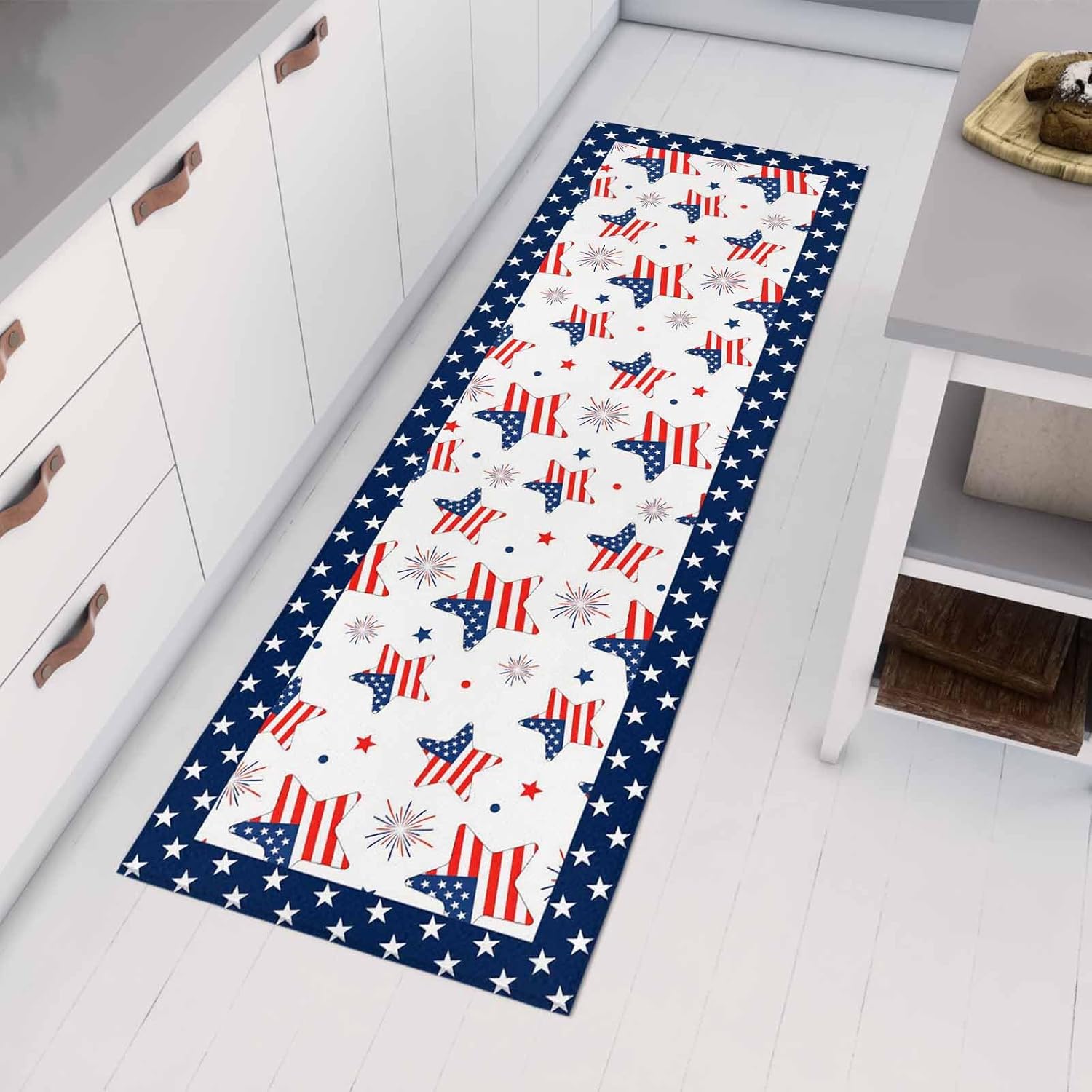Kitchen Mats for Floor Independence Day Patriotic Stars Washable Non Slip Kitchen Rugs 1PCS, Red Blue Freedom Celebration Absorbent Standing Mats for Sink Bathroom Office Living Room 15.7x47.2in