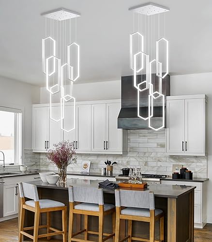 Miniatura 27 de Candelabro moderno de 6 anillos, luz LED dorada contemporánea para entrada de sala de estar, lámparas de techo alto regulables con control remoto