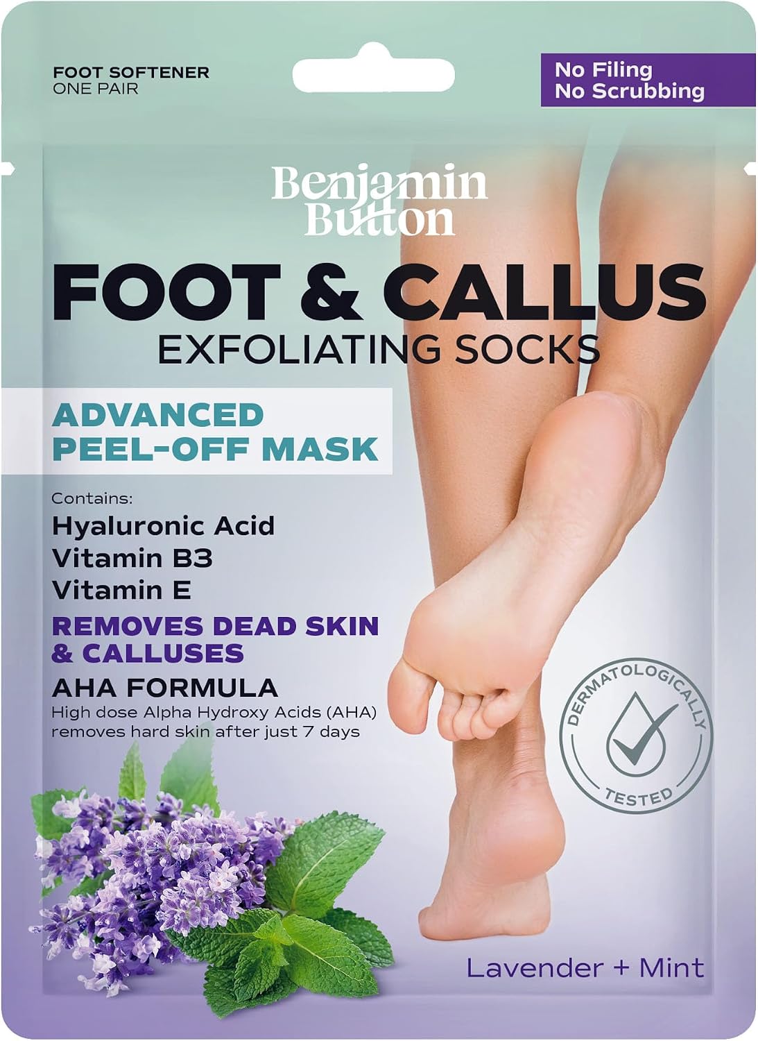 Benjamin Button Luxury Foot Peel Mask – 1x Pair | Removes Hard Dead Skin, Calluses & Cracked Heels| Shea Butter, Lavender & Mint | Exfoliating Treatment, Smooth Feet | Foot Spa, Moisturising Socks