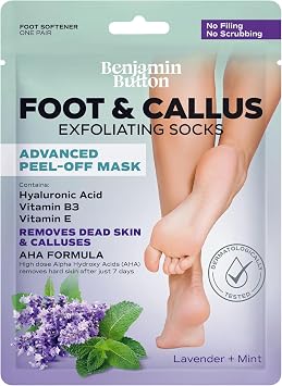 Benjamin Button Luxury Foot Peel Mask - 1x Pair | Removes Hard Dead Skin, Calluses & Cracked Heels| Shea Butter, Lavender & Mint | Exfoliating Treatment, Smooth Feet | Foot Spa, Moisturising Socks