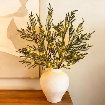 Pre-Lit Pine Stems, Lighted Norfolk Pine Branches, Realistic Norfolk Pine Stems, Christmas Artificial Pines Needles Branches Garland for DIY Wreaths, Vase Fillers, Indoor Outdoor Decor 5PCS