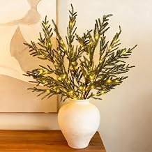 Pre-Lit Pine Stems, Lighted Norfolk Pine Branches, Realistic Norfolk Pines Stems, Christmas Artificial Pines Needles Branches Garland for DIY Wreaths, Vase Fillers, Indoor Outdoor Decor 5PCS