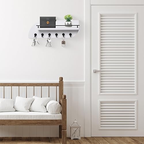 Miniatura 9 de Karisky Soporte para llaves de pared, moderno soporte decorativo para llaves y correo con 2 estantes flotantes, organizador de llaves montado en la
