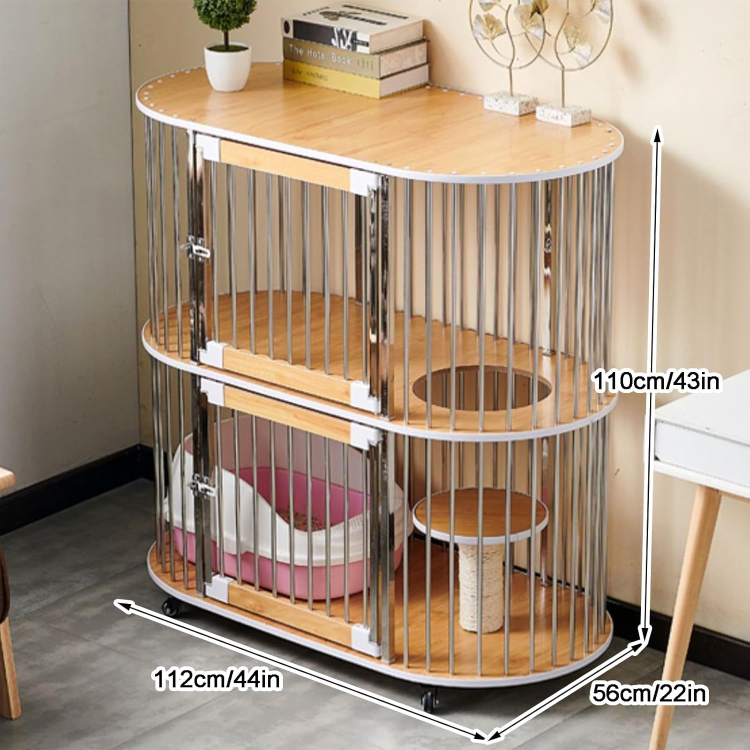 2-Tier Breathable Cat Enclosures Indoor, Wood and Stainless Steel Cage for Cats with Sisal Jump Platform, Double Door(Yellow)