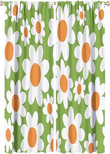 Miniatura 14 de Cortinas florales retro de los años 70, estilo hippie de verano naranja, estampado de flores, decoración con bolsillo para barra, cortinas de Retro