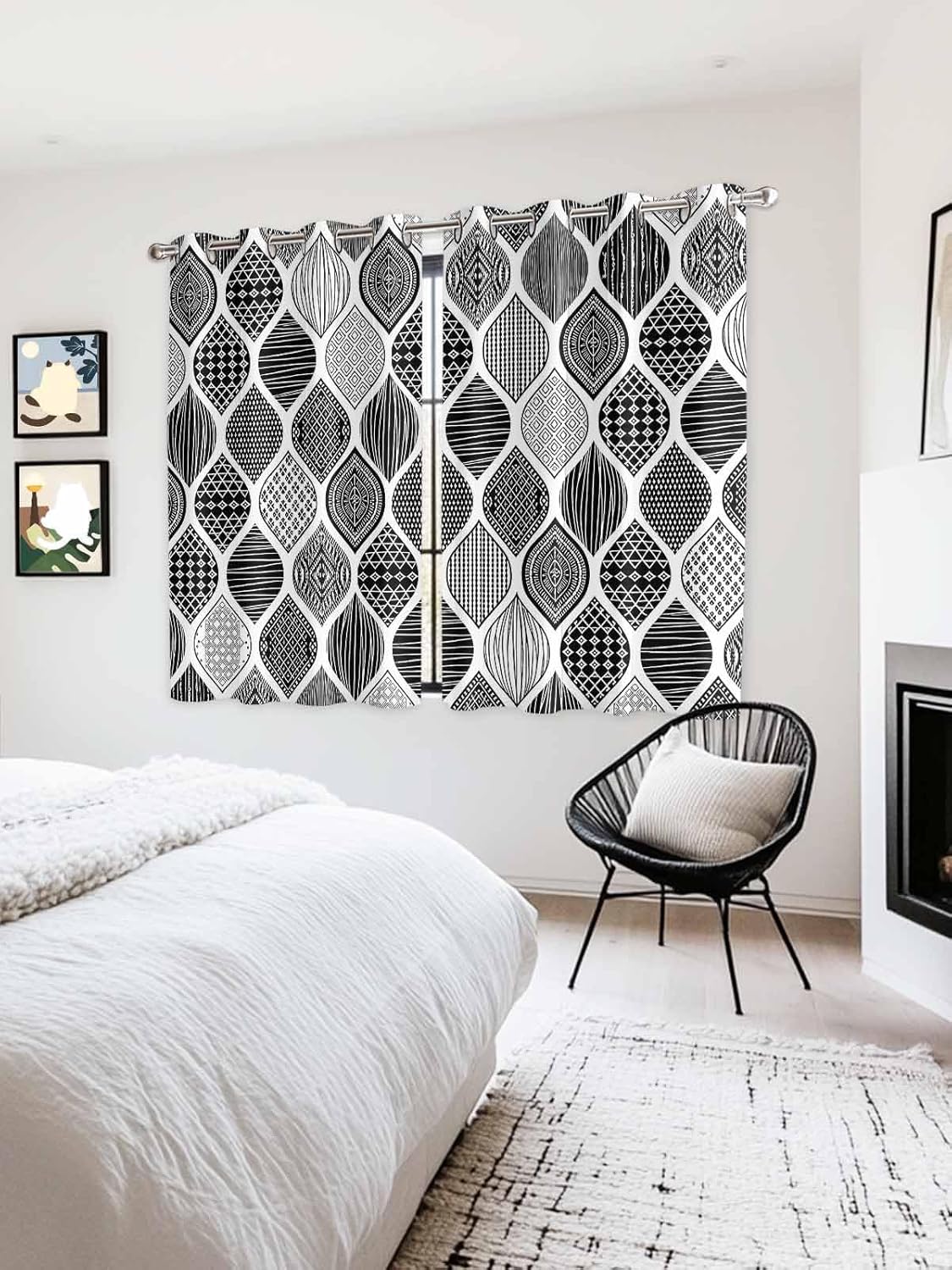 Grommet Top Window Curtains, Geometric Black Texture Durable Light Blocking Windows Drapes for Kitchen/Bedroom/Living Room, Window Treatments Curtain Set of 2 Panels 52x63 in