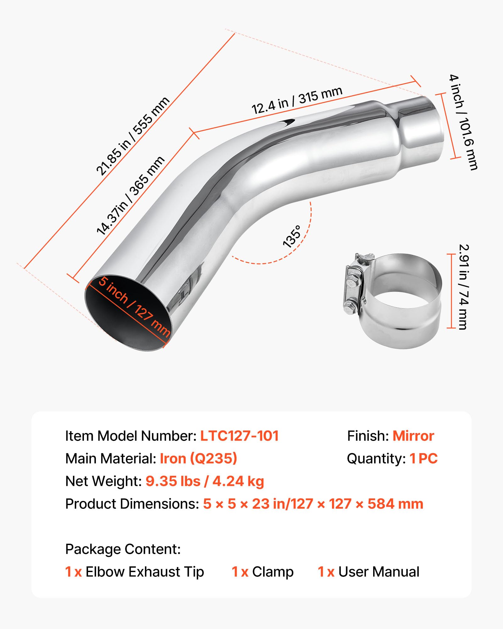 VEVOR Silenziatore Valvola Interruttore, Ingresso 101,6 mm, Uscita 127 mm, Lunghezza Totale 584 mm, Terminale di Scarico Curvo Verso il Basso con Morsetto per Camion, Superficie Cromata
