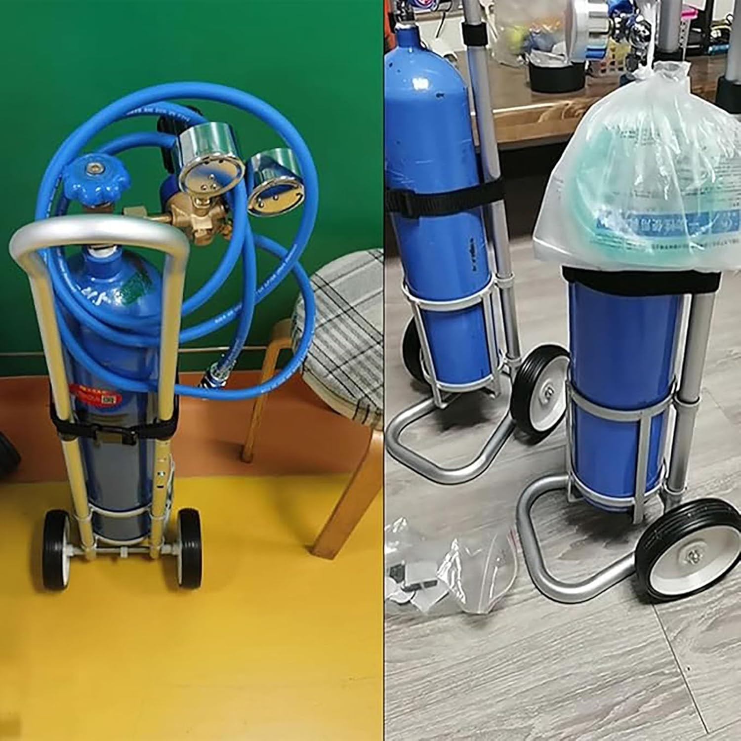 Rolling Oxygen Tank Holder Cart with 2 Wheels, Handle & Safety Belt - Portable Oxygen Cylinder Trolley & Storage Rack for Home Use, Fits 23.5cm Gas Bottles - Image 2