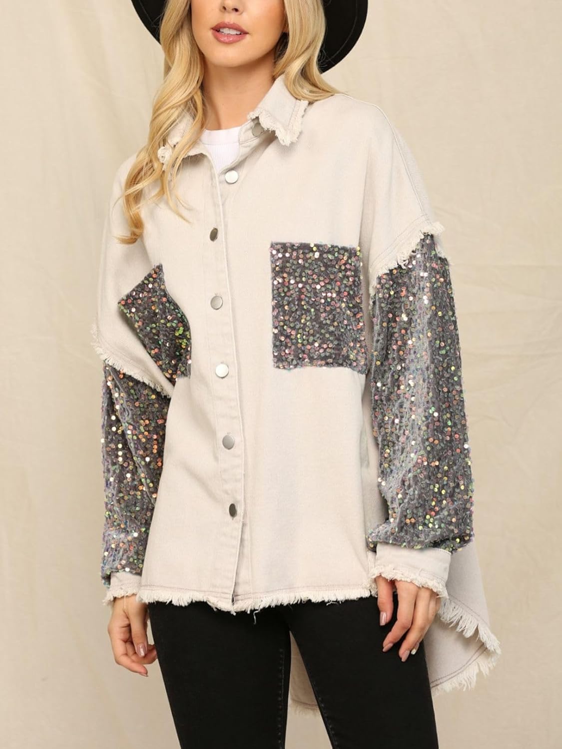 Women's Oversized Denim Jacket Long Sleeve with Sequin Sparkle Jean Coat Country Concert Shirt Jacket - Image 4