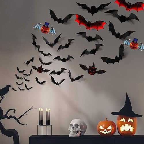 Vista 4 de 93 piezas de decoración de murciélagos de Halloween, 7 tamaños diferentes de murciélagos 3D, decoración de pared reutilizable de PVC negro y rojo