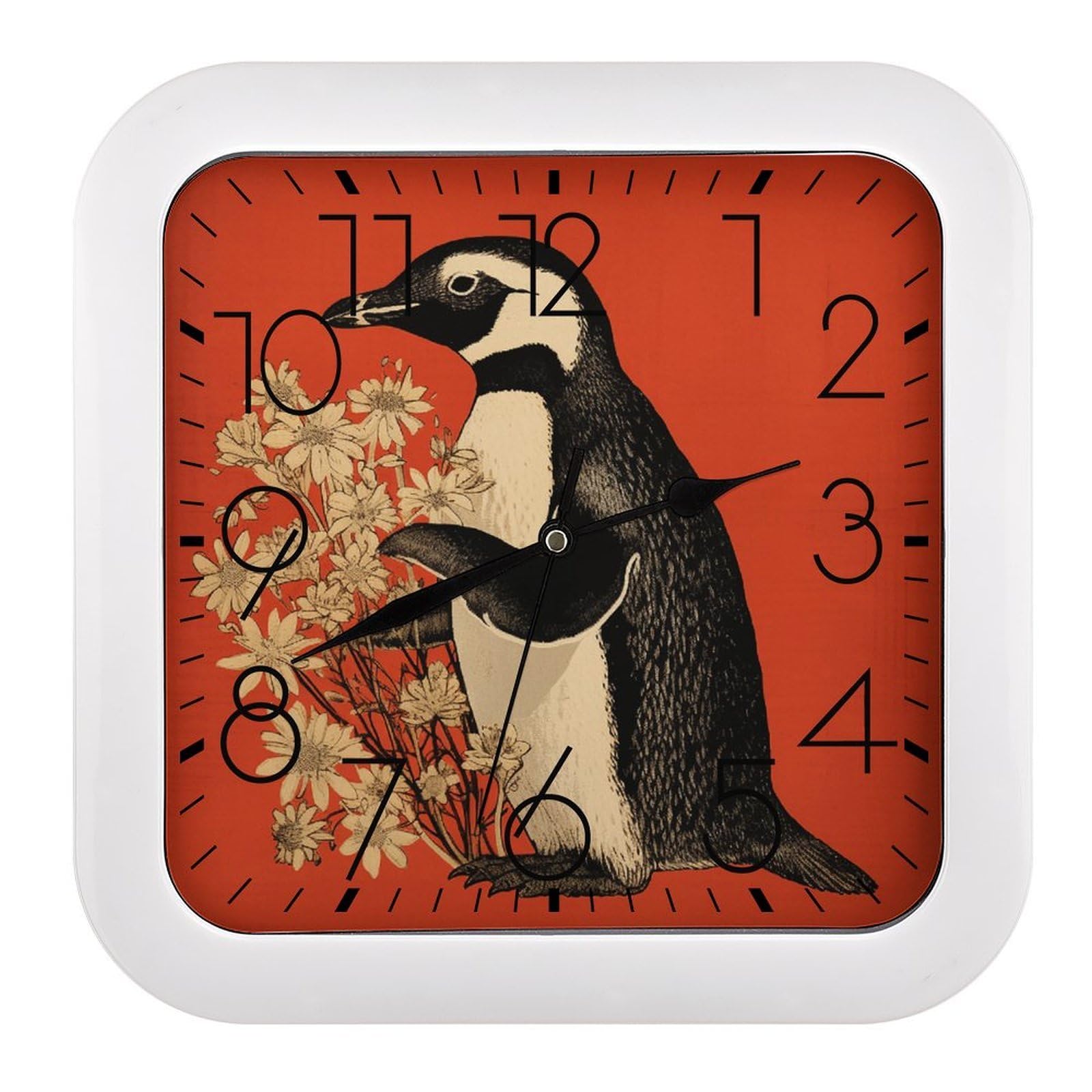 FekiLoot Penguin Holding Flower Wall Clock Battery Operated Square Decorative Wall Clocks Silent Non Ticking Analog Clock Modern Retro Vintage Wall Clocks for Kitchen Living Room Office 10.2 Inch