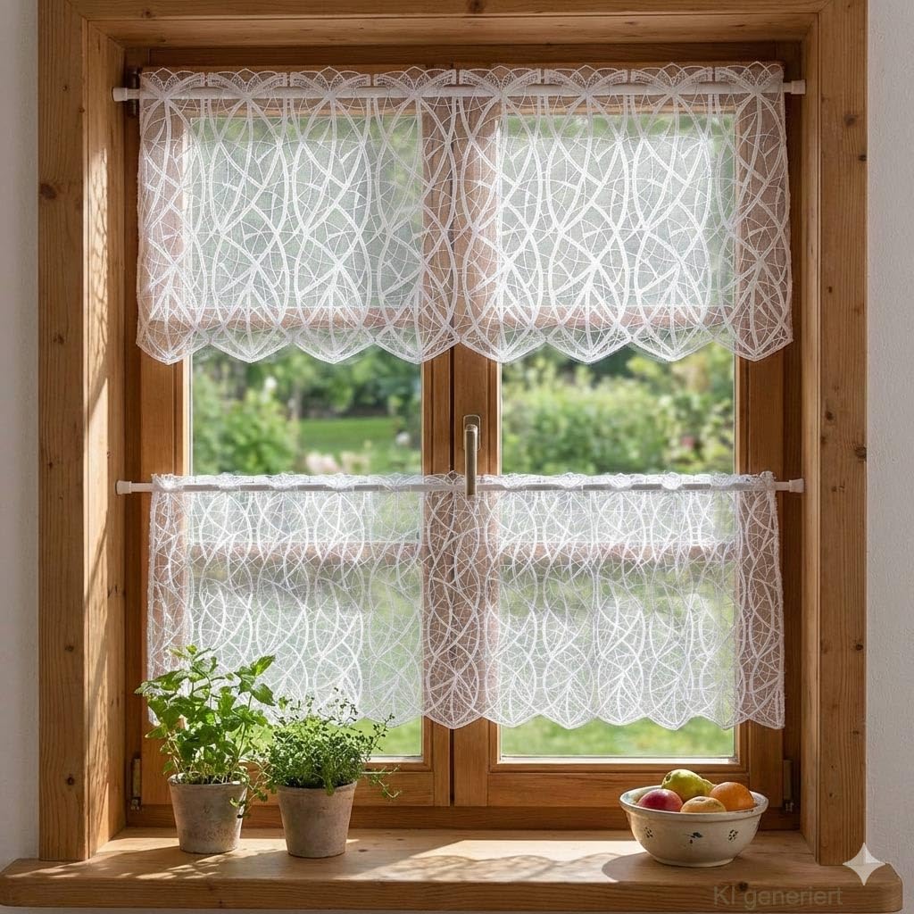 Scheibengardine Cloe aus weißer Luftspitze HxB 43x128 cm | Moderner Kurzstore mit fantasievollem Wellenmuster aus Vogtländischer Spitze | atelier alles-Spitze