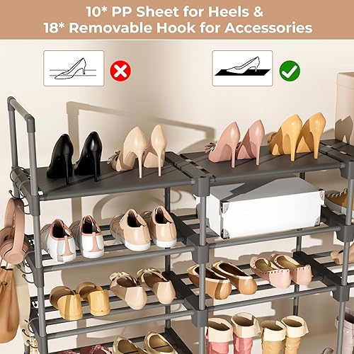 Miniatura 6 de ROJASOP Zapatero grande para armario de entrada, 64 a 68 pares de 9 niveles, resistente, zapatero alto, almacenamiento de zapatos con 18 ganchos