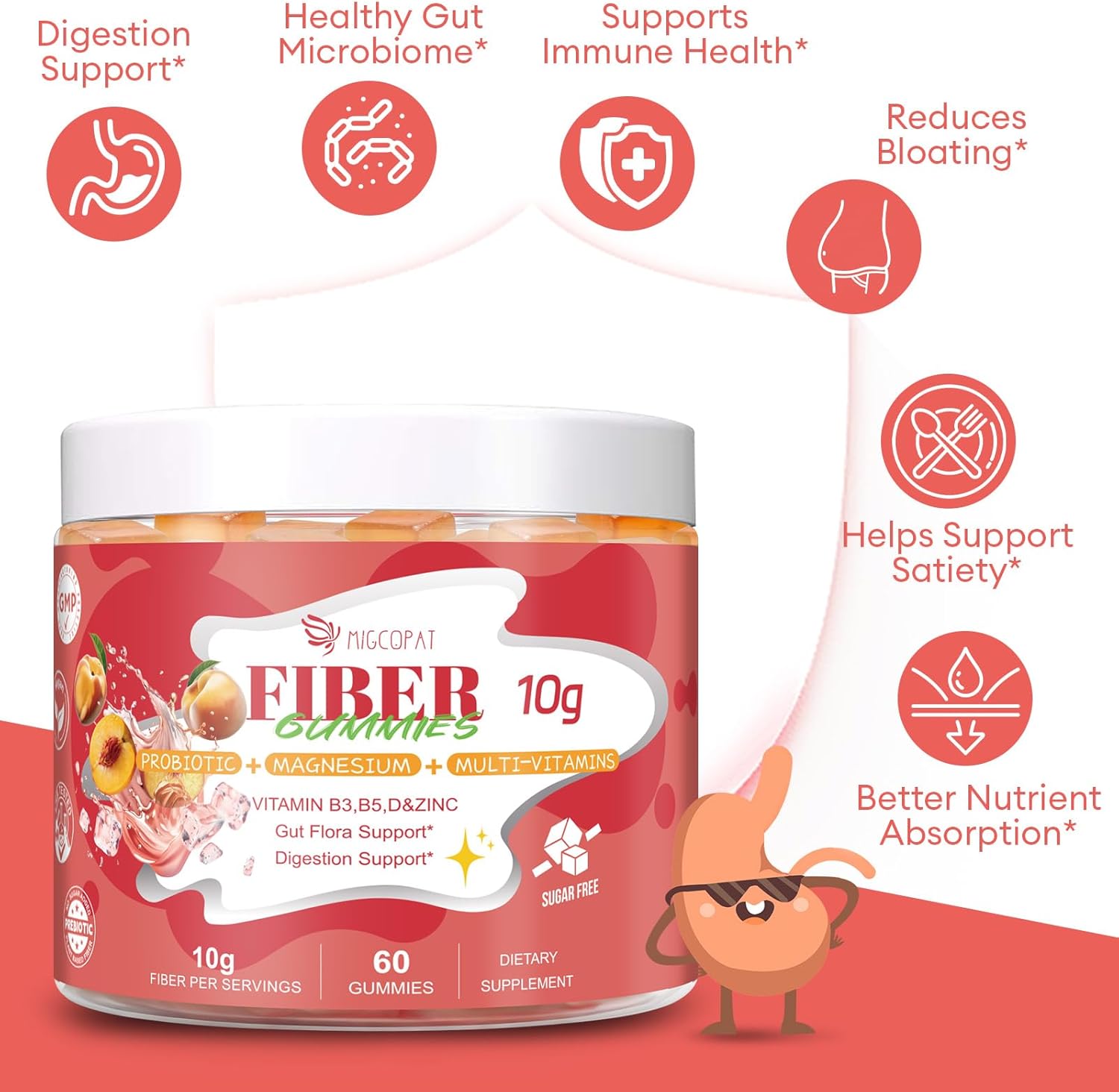 Migcopat 10G Fiber Gummies for Adults with Vitamins C, D, B3, B5 - Digestive & Gut Health Gummies with 30 Billion CFU Probiotics Blend, Inulin, ACV, Magnesium, Zinc, Support Digestive Health, 60 Cts