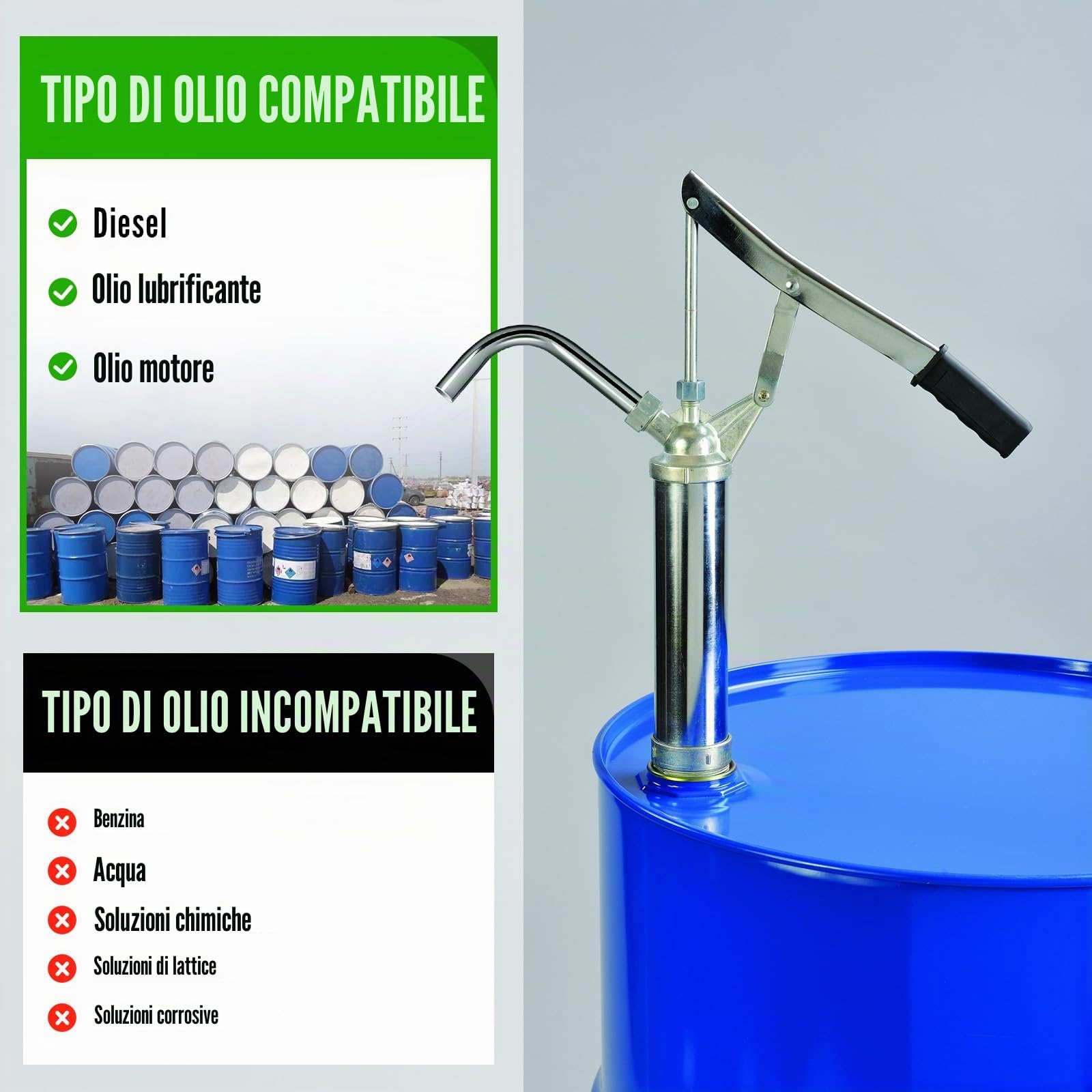 SWAWIS Pompa a Leva per Fusti d'Olio 15-55 Galloni 24L/min Argento | con Tubo dell'Olio Telescopico, Pompa a Barile per Estrazione di Gasolio, Olio e Lubrificante
