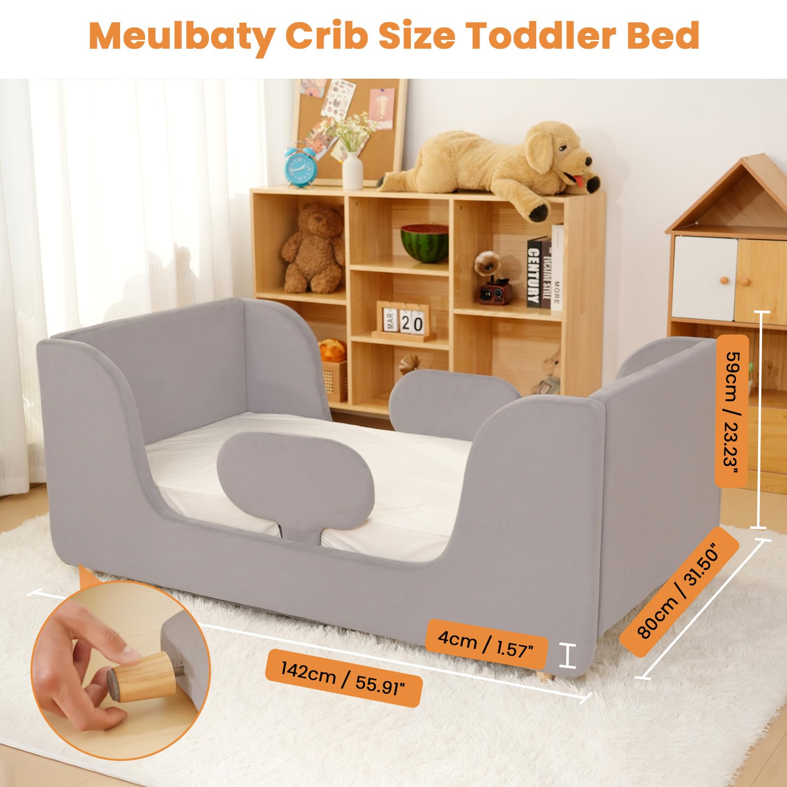 Lettino 70x140cm - Letto per bambini completamente rivestito in velluto, morbidissimo, letto a terra per ragazzi e ragazze (Grigio)