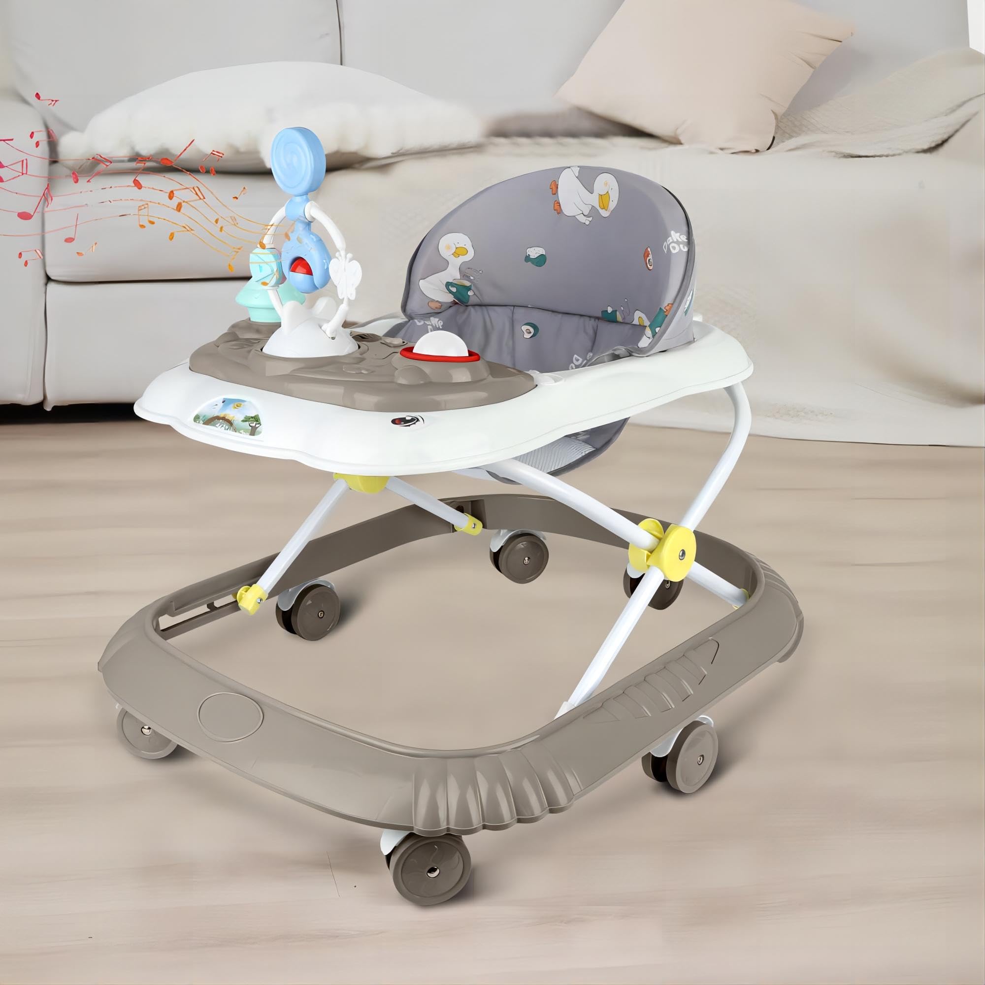 Girello per bambini con stazione di gioco, carrello di risveglio a piedi girello, regolabile in altezza, comodo sedile, per 6-36 mesi, ragazzi e ragazze (Khaki VII)