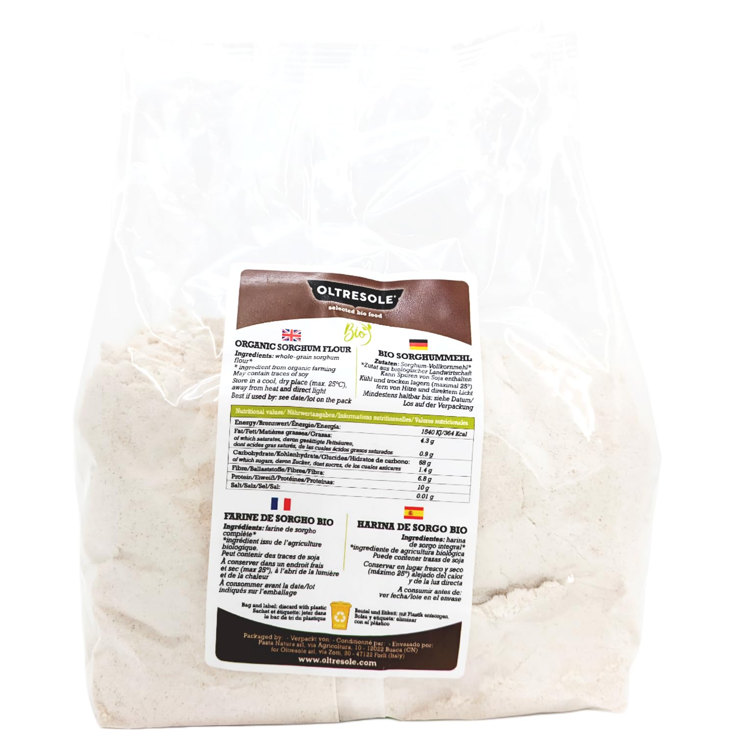 Oltresole, Harina de Sorgo Italiana Ecológica 1 Kg, Sin Gluten, Sin OGM, 100% Made in Italy, Ideal para Celíacos, Pan, Dulces y Pasta, Rica en Fibra y Proteínas