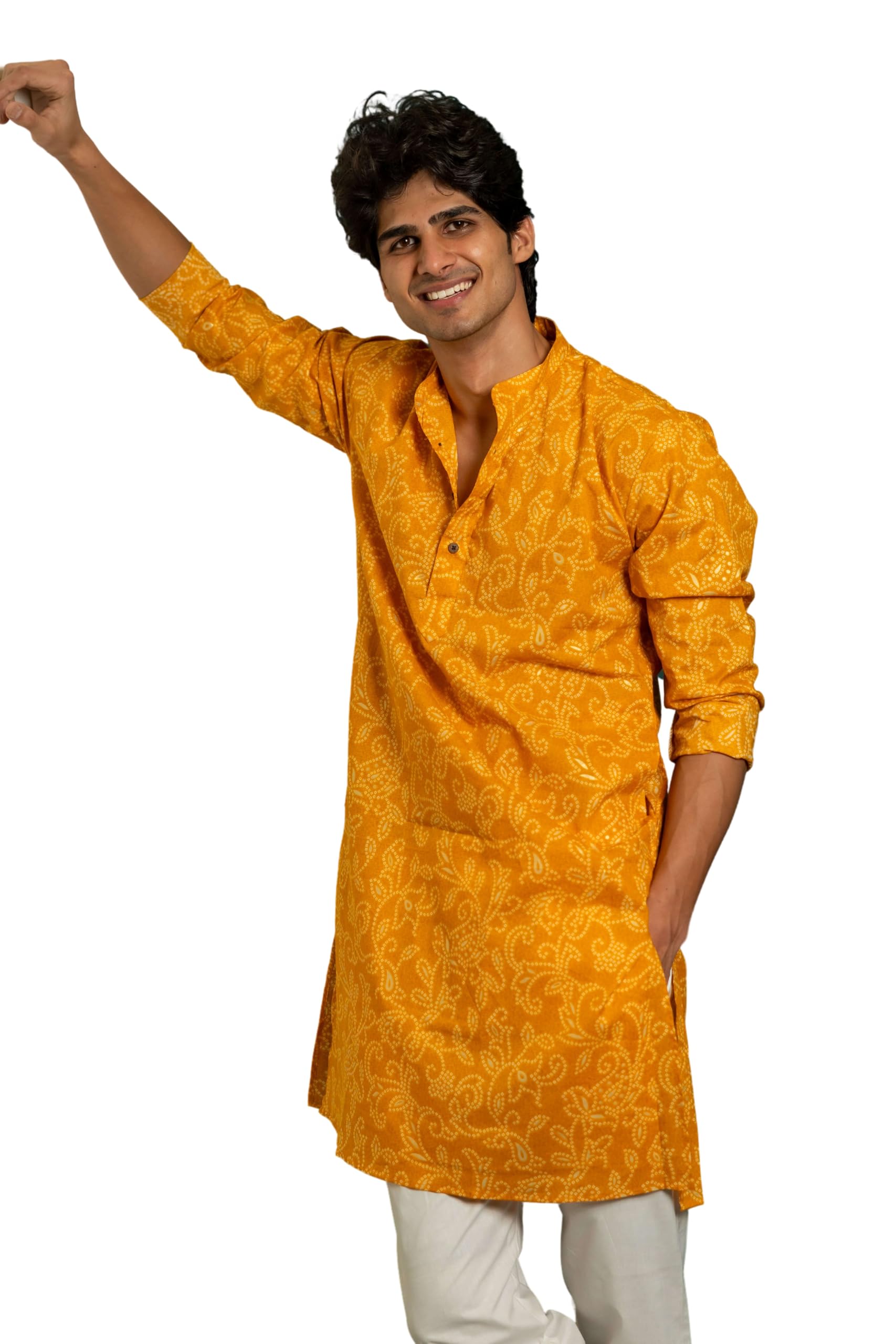 Amber Yellow Long Kurta with All-Over Floral Foil Print(S-10XL)-image-26