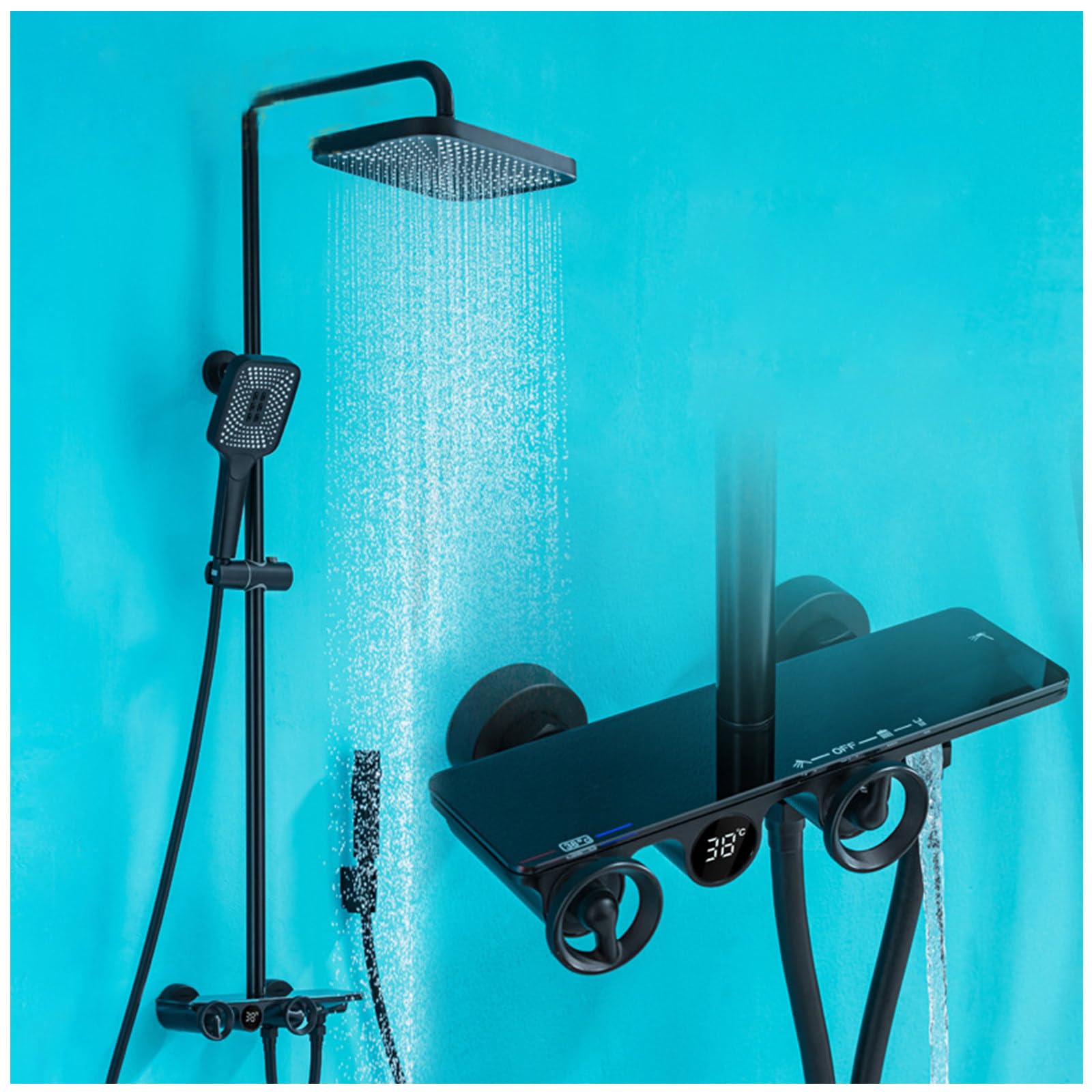 Système de douche noir thermostatique complet avec pomme de pluie douchette et bec baignoire