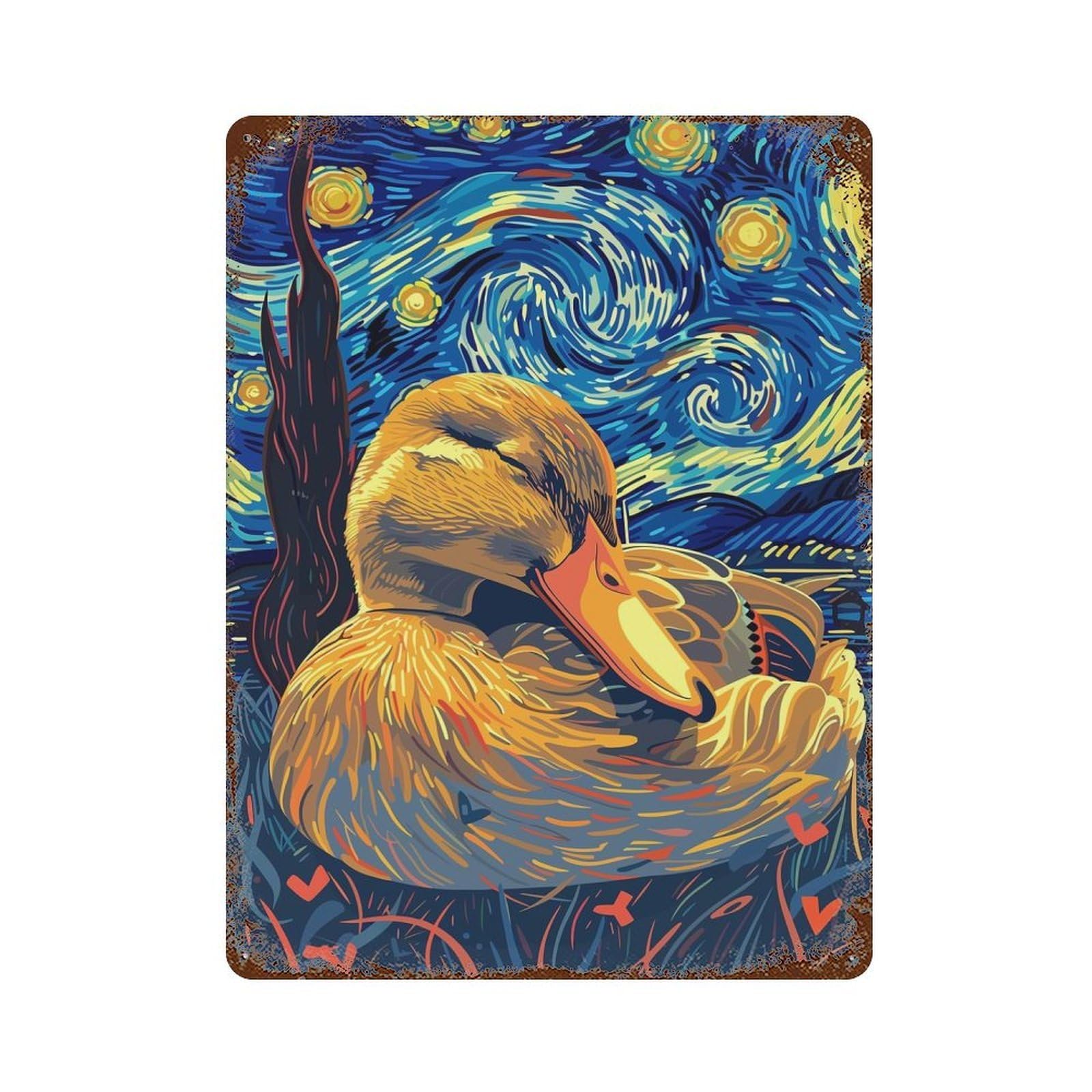 Rusty Metal Tin Sign Duck in Starry Night Style 15.7"x11.8", Classic Wall Plaque for Cafe, Home Bar And Lounge Decor