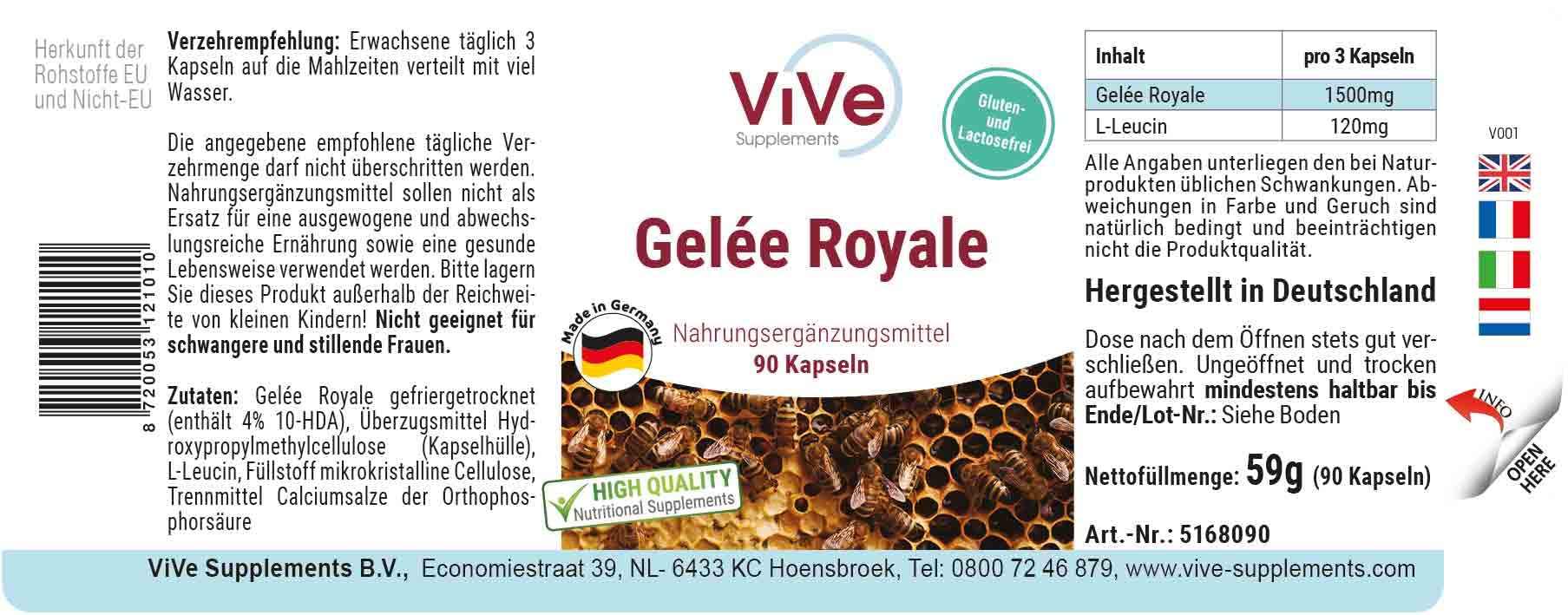 Gelée Royale 500mg - 90 Kapseln - schluckfreundlich - Standardisiert auf 4% 10-HDA - Hochwertige Qualität nach ISO-Norm - Schonend gefriergetrocknet | Qualität aus Deutschland von ViVe Supplements